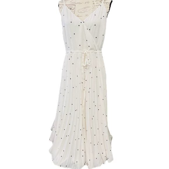 NWT Loft PIN UP Dress Ivory Black Polka Dot Accordion Pleated Midi Size 10 Swing